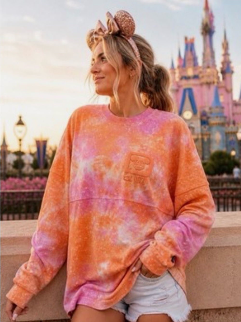 Disney Orange & Pink Tie-Dye Crewneck Sweatshirt